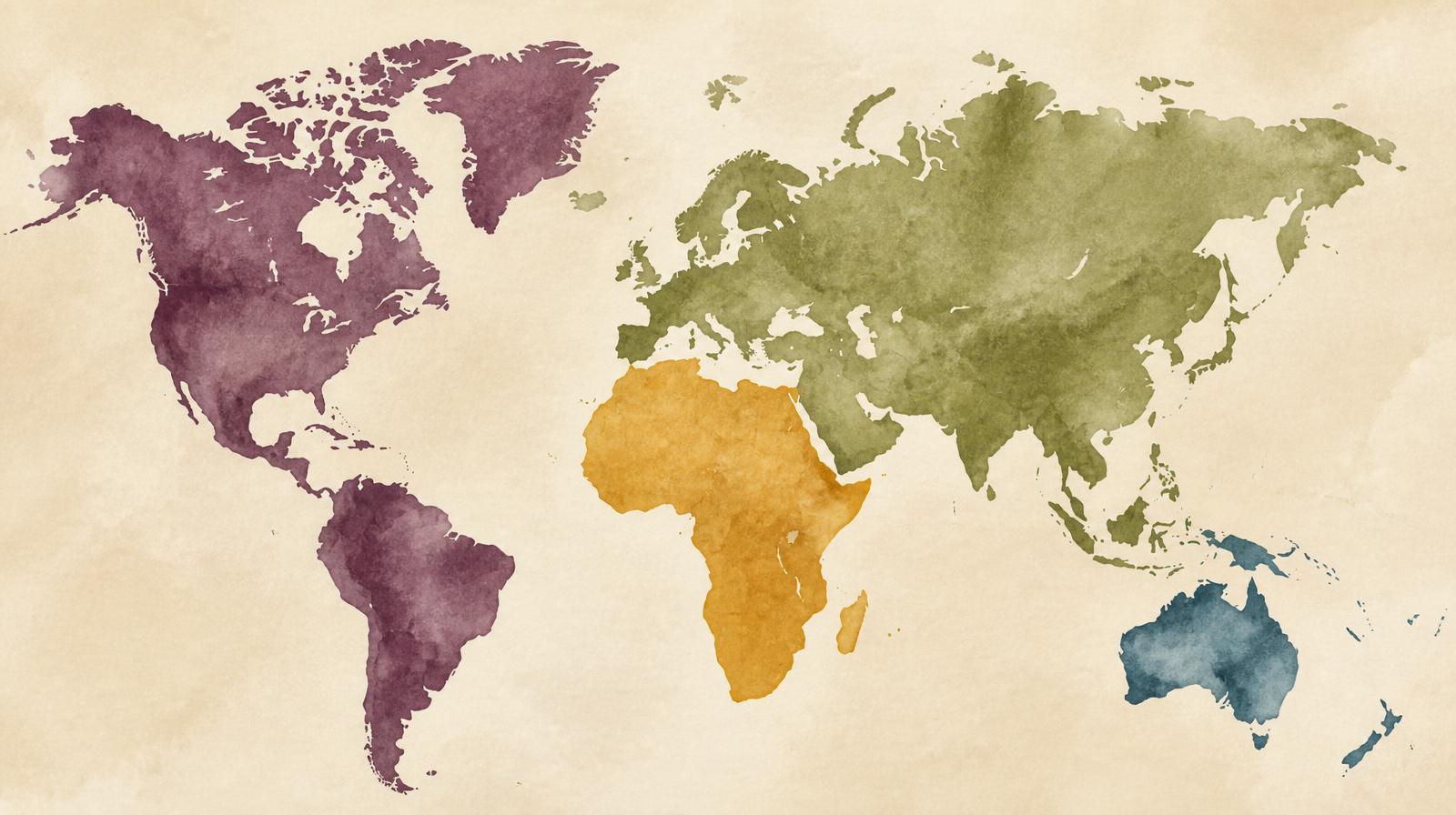 Watercolor world map of cool-tural regions being charted by Origo